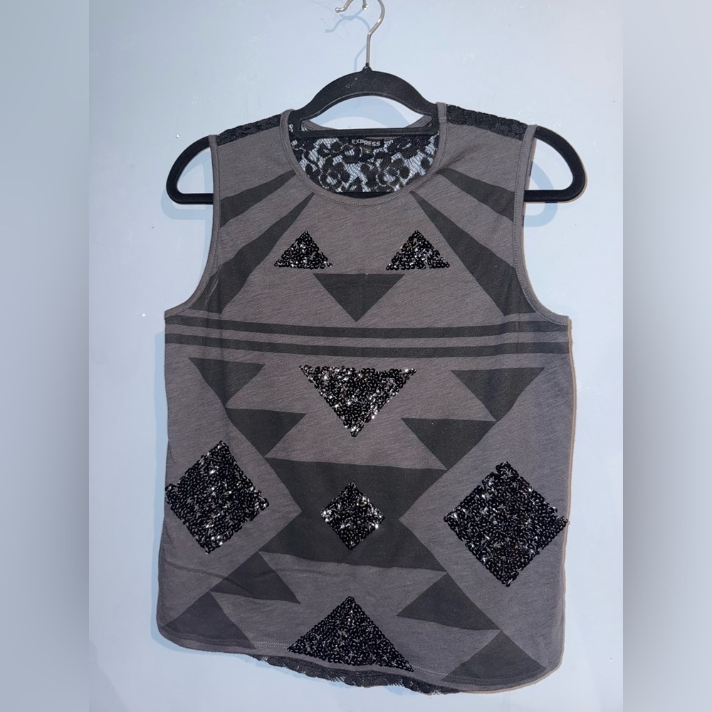 Express Gray Tank Top with Black Sequin Design
